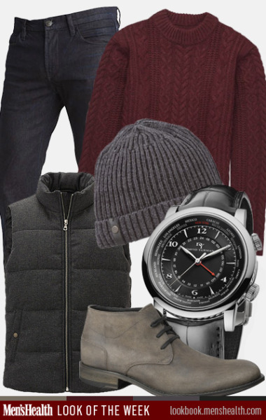 Switch up your outerwear for a new look this fall.
Sweater: Ben Sherman
Jeans: J Brand
Hat: Andrew Marc
Vest: Uniqlo
Watch: David Yurman
Shoes: Kenneth Cole