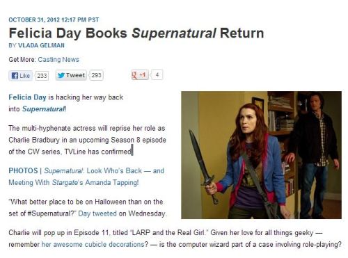 faceitallatskyfall:Felicia Day to return to Supernatural!