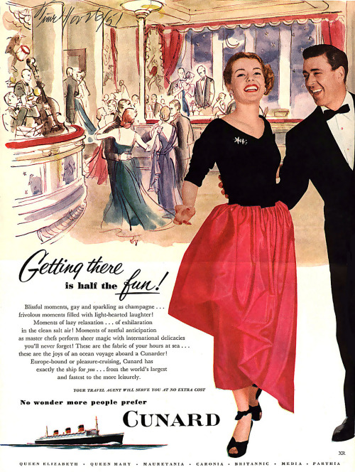 Getting there is half the fun! Music and dancing at sea.Illustration/photograph (1952). Cunard.Bliss