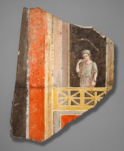 aleyma: Roman, Fresco fragment with a woman on a balcony, 9 BC - 14 AD (source).