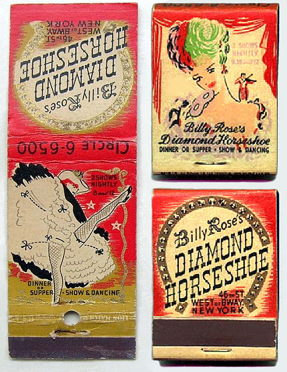 Vintage matchbooks featuring Billy Rose&rsquo;s ‘DIAMOND HORSESHOE’ nightclub;