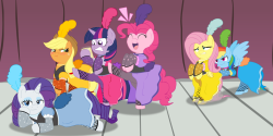 &gt;All the main 6 in saloon dresses like the one pinkie wore in Over a Barrel. But with matching colors. ex: dash&rsquo;s would be blue ((full version))  &gt;EditPink pony onlyBlueish gray pony onlyOrange pony onlyPurple pony onlyYellow rainbow ponies