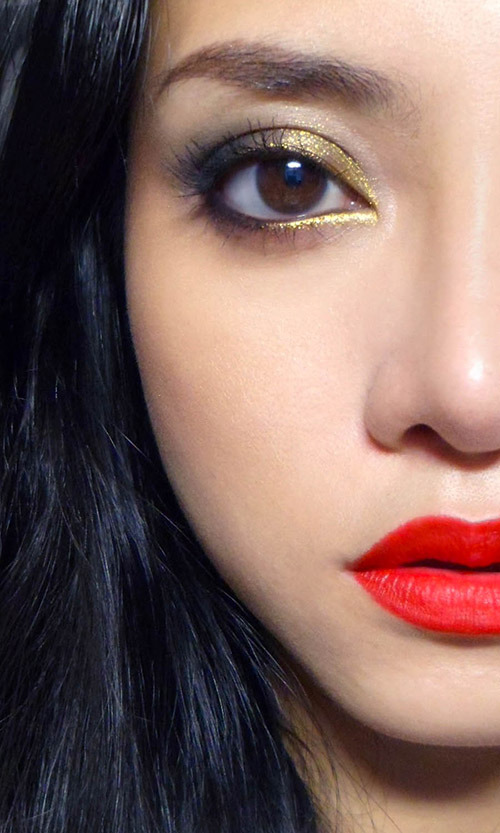 makeupbox:  Jazzed-Up Classic: Charcoal and Gold Eye with Scarlet Lips — If you’re