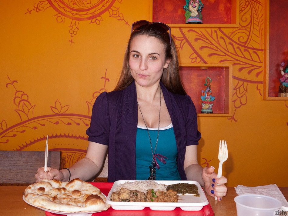 Cute girl, Nina Gitch, tries Indian cuisine for the first time @ Zishy