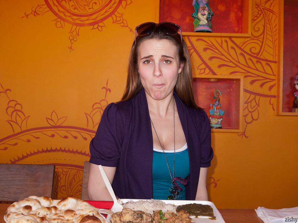 Cute girl, Nina Gitch, tries Indian cuisine for the first time @ Zishy