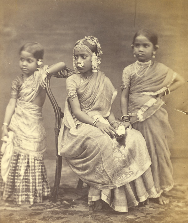 almeh:  Studio portrait of three girls wearing jewellery, Tamil Nadu, 1870s. 