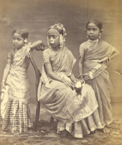 Almeh:  Studio Portrait Of Three Girls Wearing Jewellery, Tamil Nadu, 1870S. 