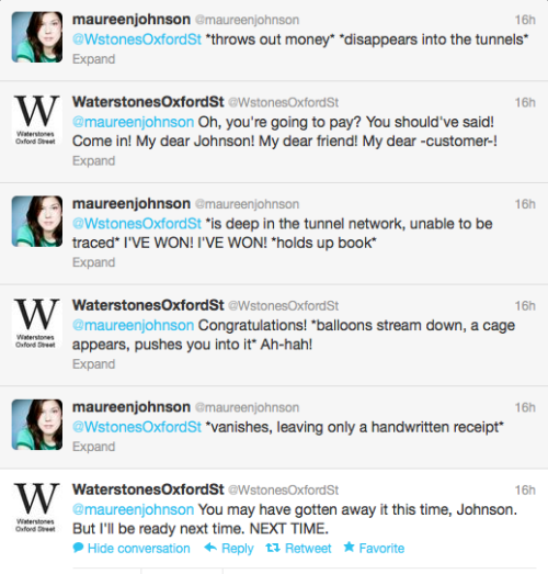 melissaanelli:one-quiet-night:Following Maureen Johnson on twitter is a full time job in itself.I ca