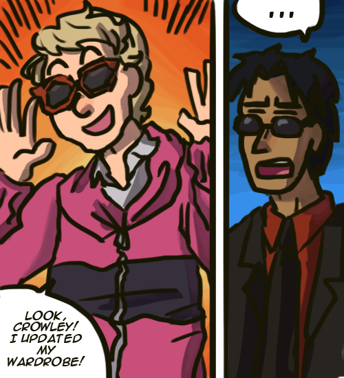 keysandtoffee:I have this silly head canon where Aziraphale never gets the current clothing fashion 