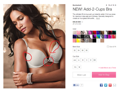 muyencantada:
“ VS can’t even put their models in the right size bra.
Note the photoshopped out quad-boob, the center gore not touching her chest, and the gapping in her armpit.
There’s no way she’s a 32D or DD. Her band size is probably 28 or 30,...