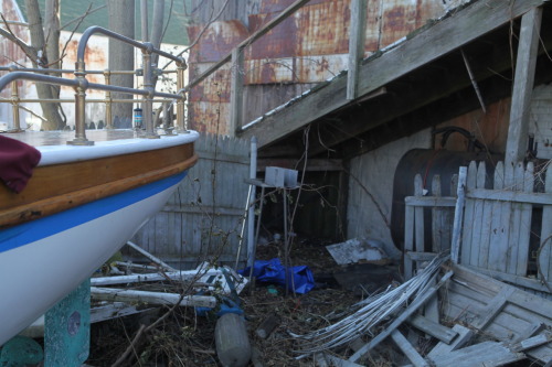 electric boat surrounded by signs of sandy