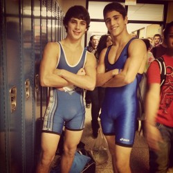 sfswimfan:  These two high school wrestlers lost a bet, so now they have to wear their singlets all day at school.  Looks like Curly and Fonz are excited to use the opportunity to try to impress the ladiezzzzz !