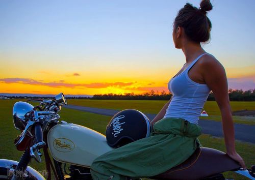 Girl enjoying the sunset with a gorgeous retro custom from Rocker Classic Motorcycles.
Check out their Cappuccino v Nancheng video full of awesome.