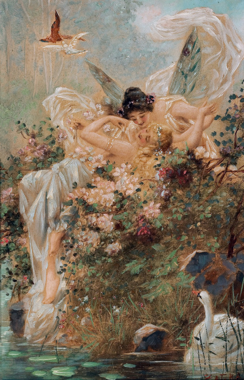 fleurdulys:Two Fairies Embracing in a Landscape with a Swan - Hans Zatzka 1900