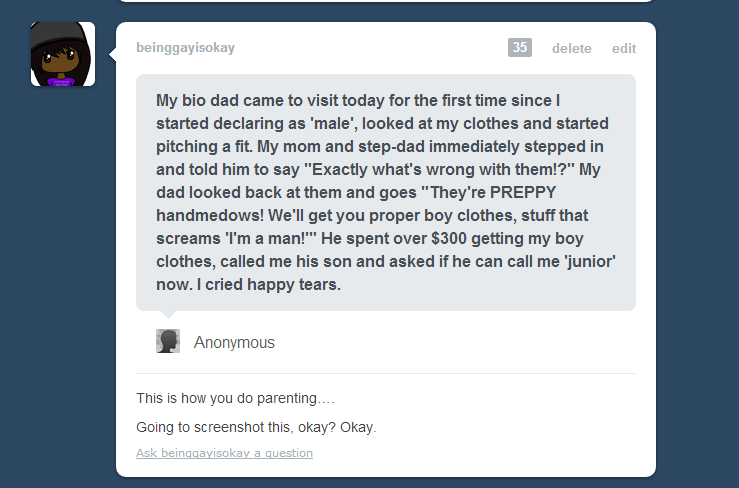 pantslesswrock:  beinggayisokay:  Perfect dad is perfect.   “I don’t disrespect