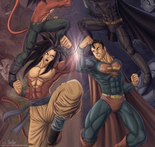 youngjusticer:  DBZ’s fathers and sons take on the JLAvengers… Who wins? Clash of the Titans, by JSawwy. 