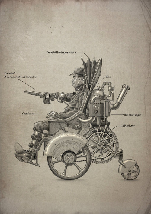 doctormonocle: Steam powered wheelchair schematic by Bedeekin