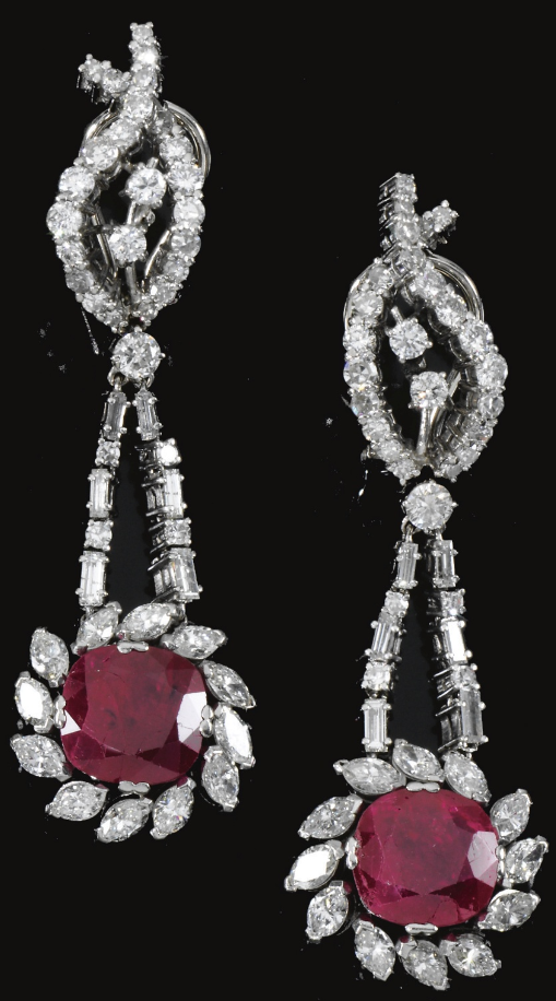 Diamonds in the Library — Pair of ruby and diamond pendent earrings,...