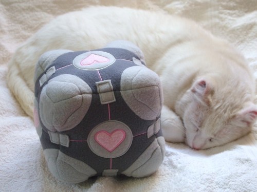 nenalata:  Paddy loves the Companion Cube. &lt;3  precious baby cat ♥