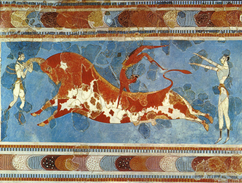 triglifos-y-metopas:Taurokhatapsia (bull leaping), fresco.Palace of Knossos.Crete, Greece.1550-1450 