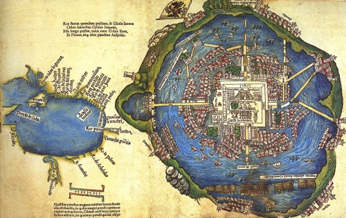 willigula:  Like Venice, the Aztec capital city of Tenochtitlán was built on a series of marshy islands, though it was located in a mountain basin rather than a lagoon. This hand-colored woodcut map was the first picture Europeans had of the city, printed