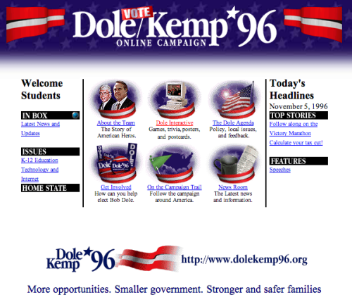 wonkistan:Your Thursday blast from the past: the 1996 Dole/Kemp campaign website, miraculously still