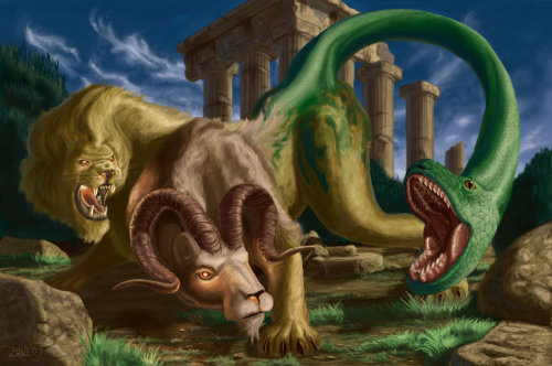 CHIMERA Origin: Greek Mythology. Features: Monstrous fire-breathing female creature of Lycia i