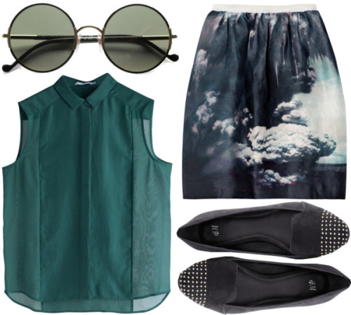 thepolyvorecollection:  stun by jesicacecillia featuring ralph lauren eyewearCarven linen skirt / H&M flat shoes, ศ / Ralph Lauren  eyewear    