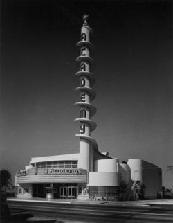 decoarchitecture:  Fanciful beyond belief! losangelespast:  Three views of the Art Moderne Academy Theater, Inglewood, 1939, and a Google Street View of the building today.  