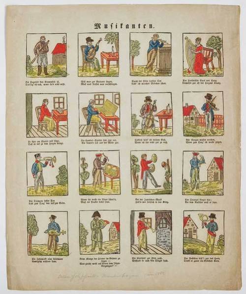 Musikanten. Coloured broadside. Germany c. 1800-1825. Broadside (420 × 342 mm), 16 woodcut ill