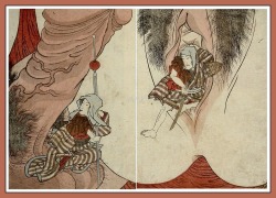 sadburro:  Beanman and Beanwoman climb genital mountains (1827) Utagawa Kunisada 