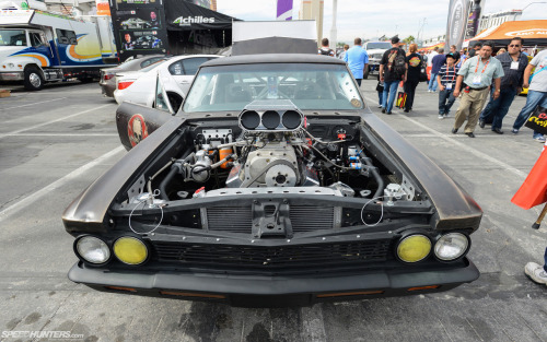 rodandcustomshow:  The car, aptly named “Hell on Wheels,” was built by a guy named Matt Hunt who is based out of Orange County.  What I do know is that the supercharged V8 puts out over 1,000hp and makes a lot of racket and smoke while doing so!