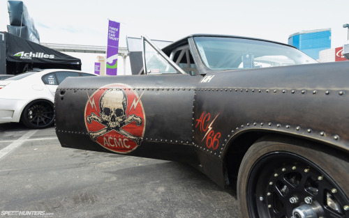 rodandcustomshow:  The car, aptly named “Hell on Wheels,” was built by a guy named Matt Hunt who is based out of Orange County.  What I do know is that the supercharged V8 puts out over 1,000hp and makes a lot of racket and smoke while doing so!