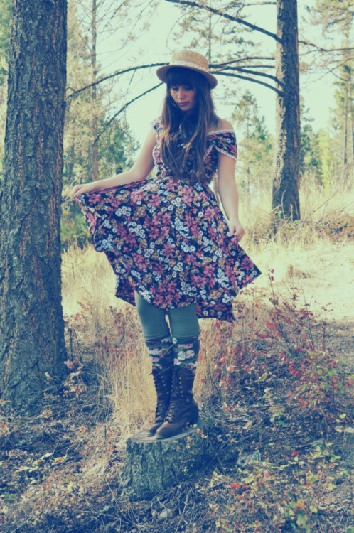 Floral dress with green leggings and flower print socks on top