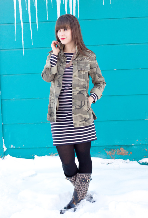 Black tights with striped blue+white dress and army style jacket