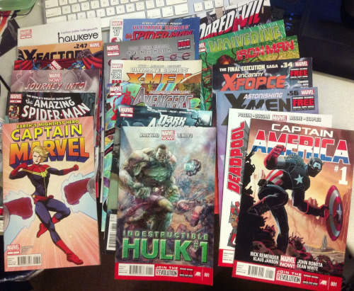 tardiscrash:  marvelentertainment:  Agent M here! I’m gonna start a lil’ weekly something with a look at the stack of comics we get here at Marvel HQ—this being what we got on Friday, November 16, 2012. These will be out next week in comic shops