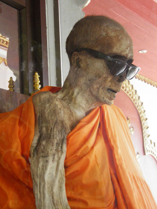 smokingtocircasurvive:  helenofdestroy:  The mummified body of Buddhist monk Phra Khru Samathakittikhun (or Loung Por Daeng) remains on display in Thailand in Wat Kunaram on Koh Samui island per his request, some thirty years after his death. He hoped
