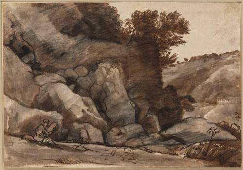 thisblueboy:Claude Lorrain, Rocky landscape with seated figure (Tivoli volume), ca.1640-45, Black ch