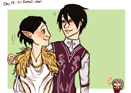 30 Day OTP Challenge: 19.) In formal wear story of the pic: leandra went to a tailor w/ merrill and they made her a dress thing (yes its a dress sORRY I don’t design clothing very wELL) and hawke is seeing it for the first time here. also they about