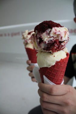 bustache:  RED VELVET CUPCAKE CRUMBS ON RED VELVET ICE CREAM IN A RED VELVET WAFFLE CONE … CRYING  this exists?!!?