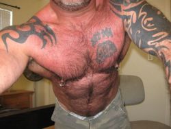 Hairy, great pecs, amazing ink work and awesome pierced nips - WOOF