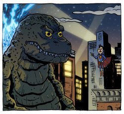 chrishaley:  Here I have drawn GODZILLA and SUPERMAN! They seem to be having some kind of heated exchange! Let us hope it does not come to blows! This was colored by the super-talented Joe Hunter! Oh look, here are some pictures of the original art! 