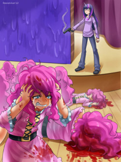 flailingandflailing:  trixie-moon:  silverlancer:  rainbow-dash-101:  theponyartcollection:  Twilight’s killing Pinkies by ~RacoonKun This being another question  0_0  She’s slipping… She’s almost falling the edge of insanity  “Humans.”  This