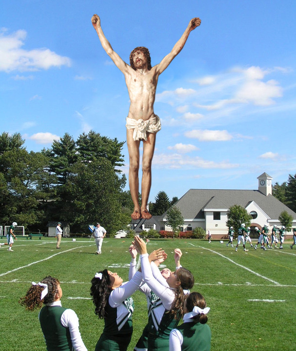 jesus-everywhere:  Jesus As Captain Of The High School Cheer Squad Getting Tossed