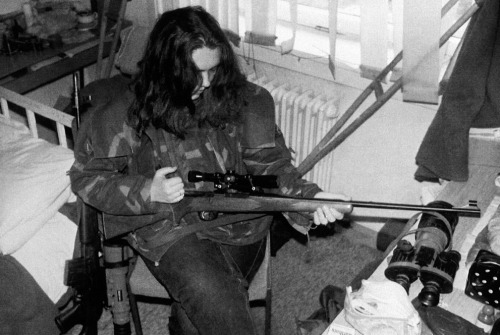 peterquills:   A top sniper, codenamed “Arrow,” loads her gun in a safe room in Sarajevo, Tuesday, June 30, 1992. The 20-year old Serb who shoots for the Bosnian forces says she has lost count of the number of people she has killed, but that she finds