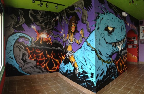 I finished up this mural last week for the brand new Tijuana Flats location down in Boca Raton, FL!
Nothing says Boca Raton like sexy ladies riding dinosaurs! And volcanos.