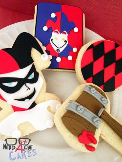 nerdachecakes:  Harley Quinn Cookies! Part of an order I took last week. Is there anything more cute than Bruce Timm’s Harley Quinn? I thinkith not. Being mentally unstable is not all bad in Gotham if you have a cool outfit. *Cough Cough* Looking at
