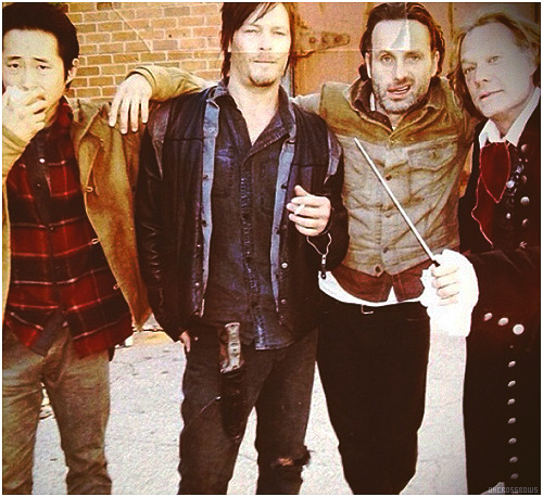 ohcrossbows-deactivated20140209:  Steven Yeun, Norman Reedus, Andrew Lincoln and Greg Nicotero. 