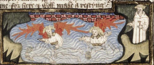 Souls swimming in a sea of miseries, protected by angels.15th C.MS. Laud Misc. 740