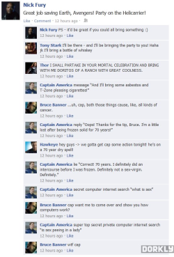 Dorkly:  The Avengers Celebrate Their Victory On Facebook